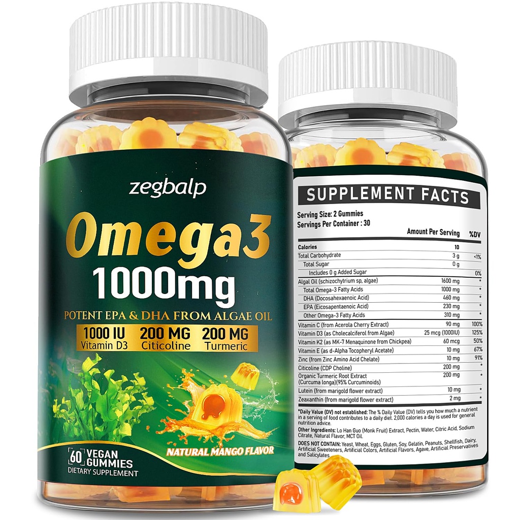 Omega-3 Supplemento Gummies per le donne & uomini - 1000mg Vegan Omega3 DHA & EPA con curcuma, vitamina D3, K2, Citicolina per la salute generale - Algae olio Omega 3 supplementi di acido grasso, senza zucchero