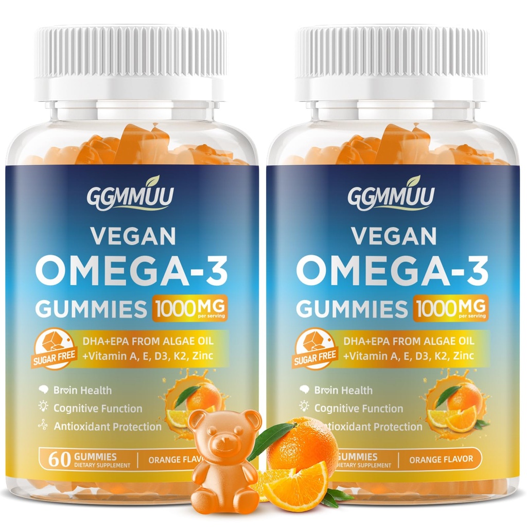 2 Pack Vegan Omega 3 Gummies 1000MG Olio algale Omega 3 Supplemento per gli adulti con Algae DHA 600mg & EPA 300mg Fish Oil Alternative - per la salute dell'occhio e dell'immunità, aroma d'arancia, 120 Conte