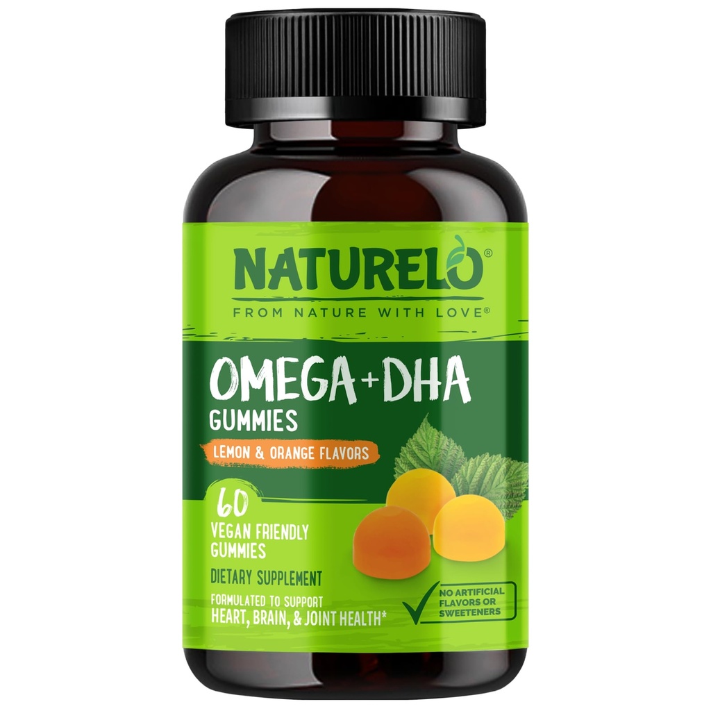 NATURELO Vegetarian DHA and Omega 3 Supplement from Algae and Chia Seed Oil for Heart, Brain and Joint Health - No Fish, Gelatin, or Artificial Sweeteners - 60 Gummies