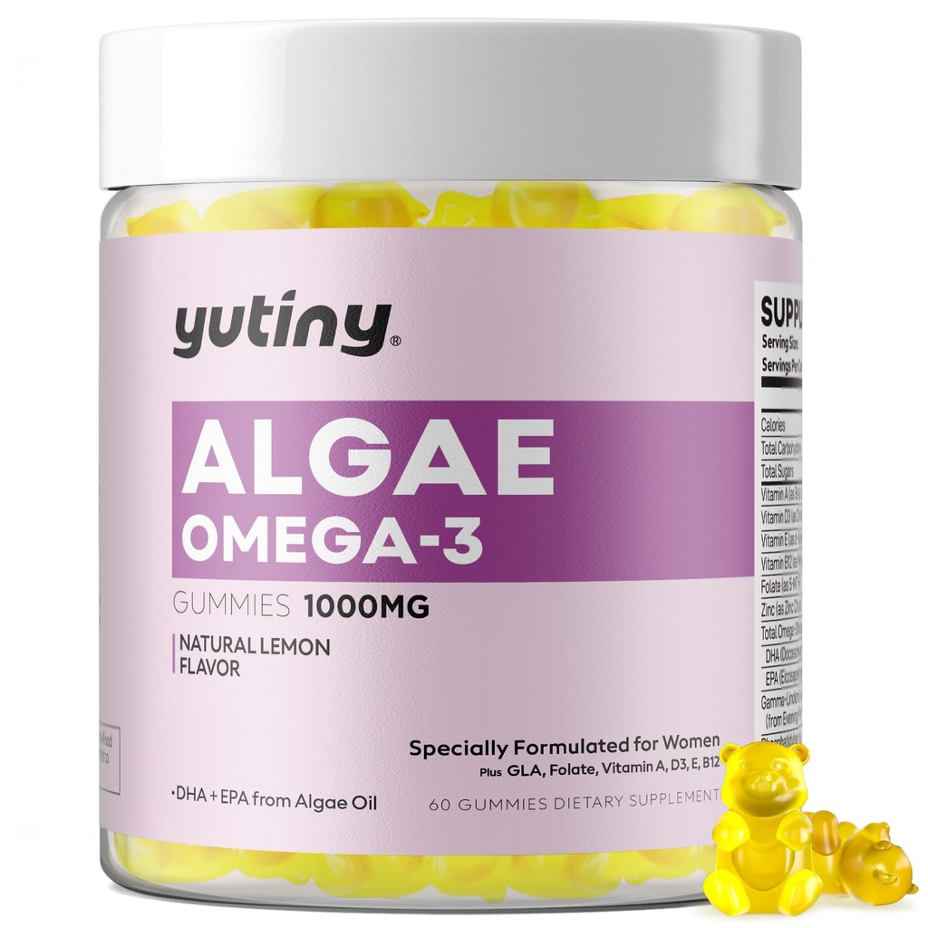 Vegan Omega 3 Gummies per le donne, Algae Omega 3 1000mg supplemento con DHA, EPA, GLA, Vitamina A, E, B12, Folate, Skin & Brain Health, Sugar Free, 60 Conte