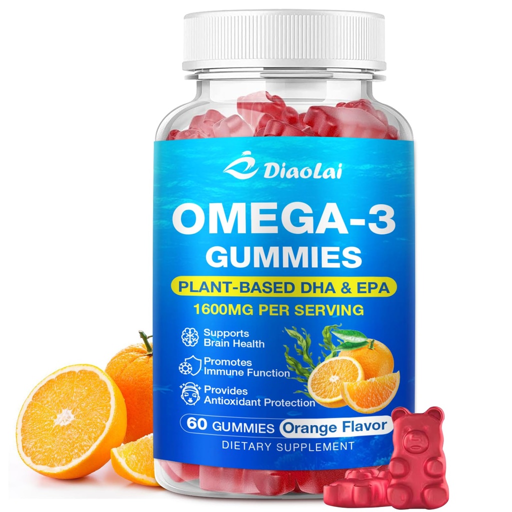 Vegan Omega-3 Gummies per adulti – senza zucchero, Algae-Based DHA 600mg & EPA 300mg, con vitamine A, C, E, Zinc – Omega 3 Fish Oil Alternative, 60 Conte