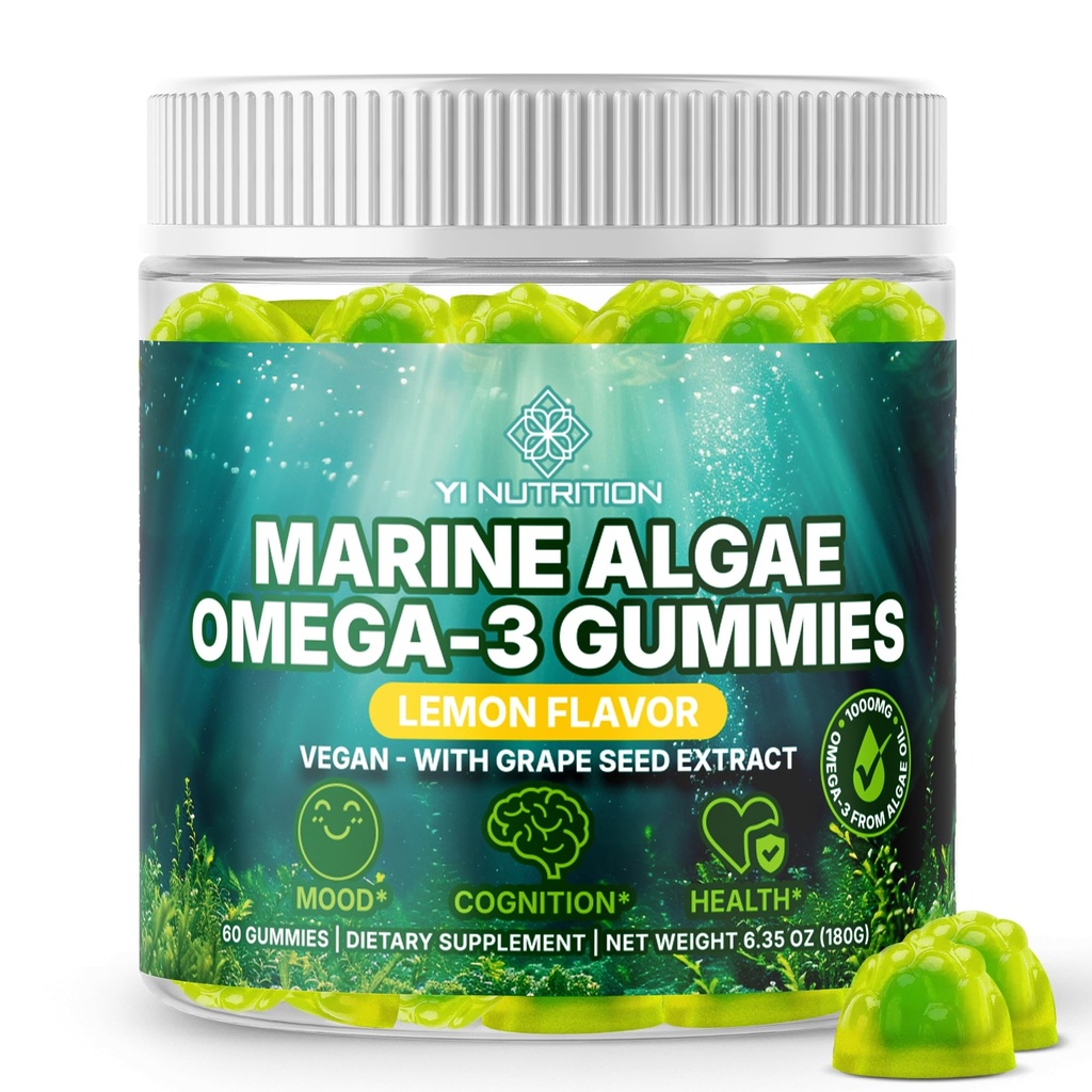 Alghe marine Omega 3 Gummies con 3400mg+ | DHA/EPA/ALA, Estratto di semi di uva 20:1, Vitamina C & Folate | Cuore, Cervello e pelle | Basato su piante, Senza zucchero, 60 Ct