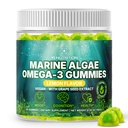 Alghe marine Omega 3 Gummies con 3400mg+ | DHA/EPA/ALA, Estratto di semi di uva 20:1, Vitamina C & Folate | Cuore, Cervello e pelle | Basato su piante, Senza zucchero, 60 Ct
