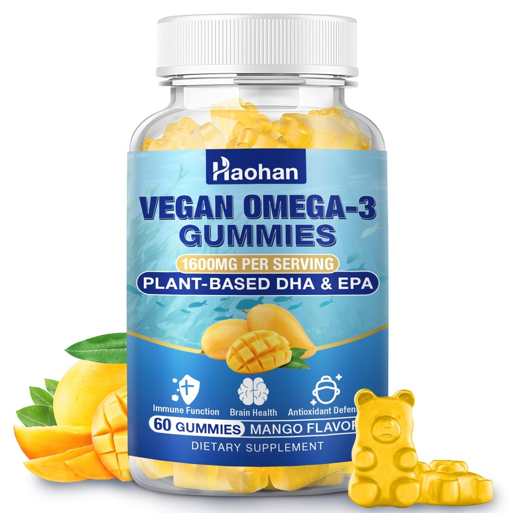 Omega-3 Gummies per adulti, aroma arancione – senza zucchero, senza alghe DHA 600mg & EPA 300mg, con vitamine A, C, E, Zinc, 60 Gummies