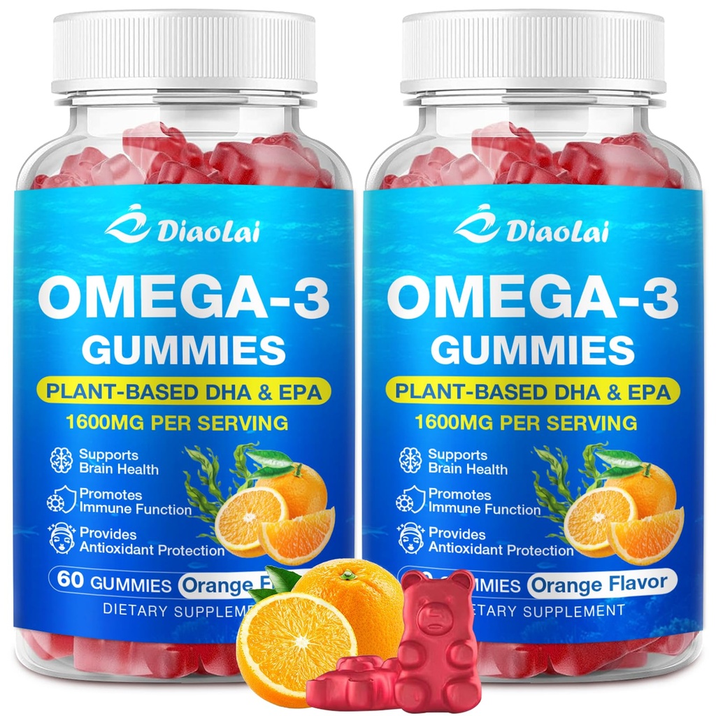 2 Pack Vegan Omega-3 Gummies per adulti – senza zucchero, Algae-Based DHA 600mg & EPA 300mg, con vitamine A, C, E, Zinc – Omega 3 Fish Oil Alternative, 120 Conte