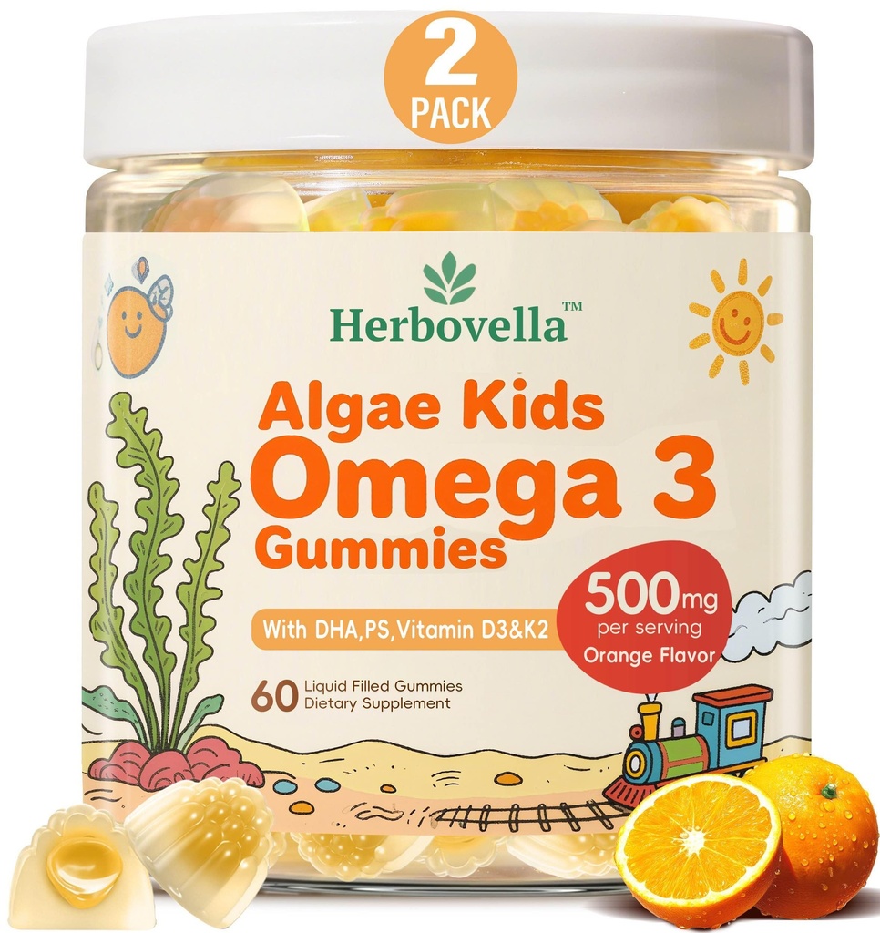 Bambini Omega 3 Gummies 2 Pack, Vegan Algae DHA 420mg con PS, vitamina D3 K2, senza zucchero, senza olio di pesce, cervello e supporto di messa a fuoco per bambini, 120 Gummies