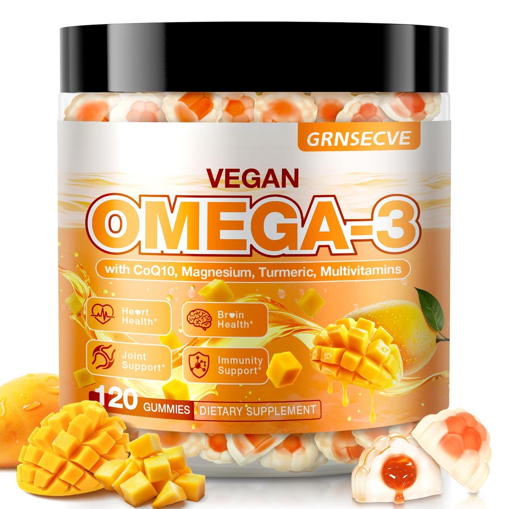 Vegan Omega-3 Gummies - Olio di pesce Omega 3 integratori alternativi per adulti - Algae DHA 600mg & EPA 400mg, Vitamina D3 K2 - No Fish Taste - per cervello, occhio, supporto immunitario - Sugar Free,120 Count