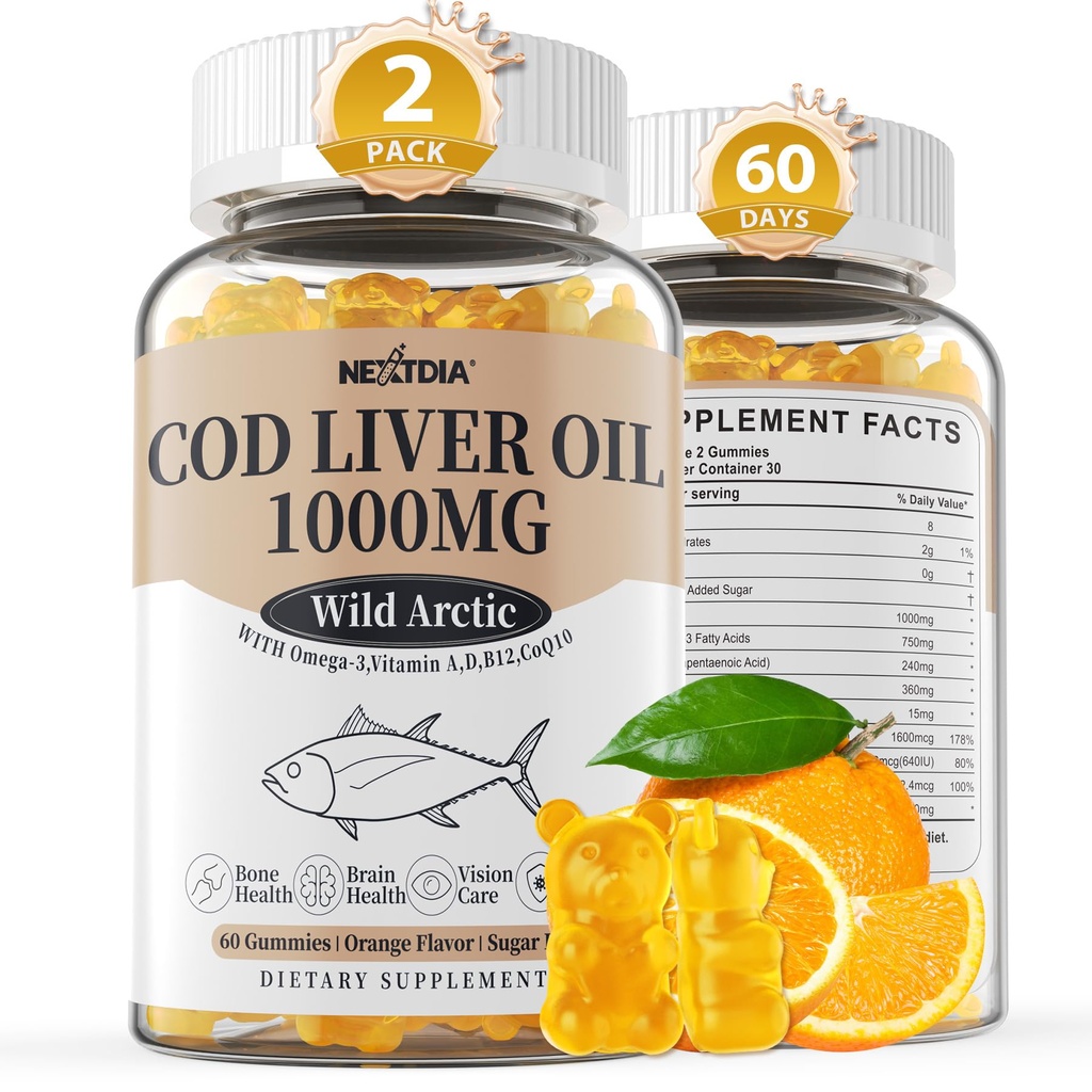 Olio di fegato di Cod 1000mg Gummies per adulti e bambini, con vitamina A & D3 - Omega 3 Fish Oil Supplement - DHA 360mg & EPA 240mg per cervello, ossa, occhio & salute immunitaria, zucchero libero, 120 Conte