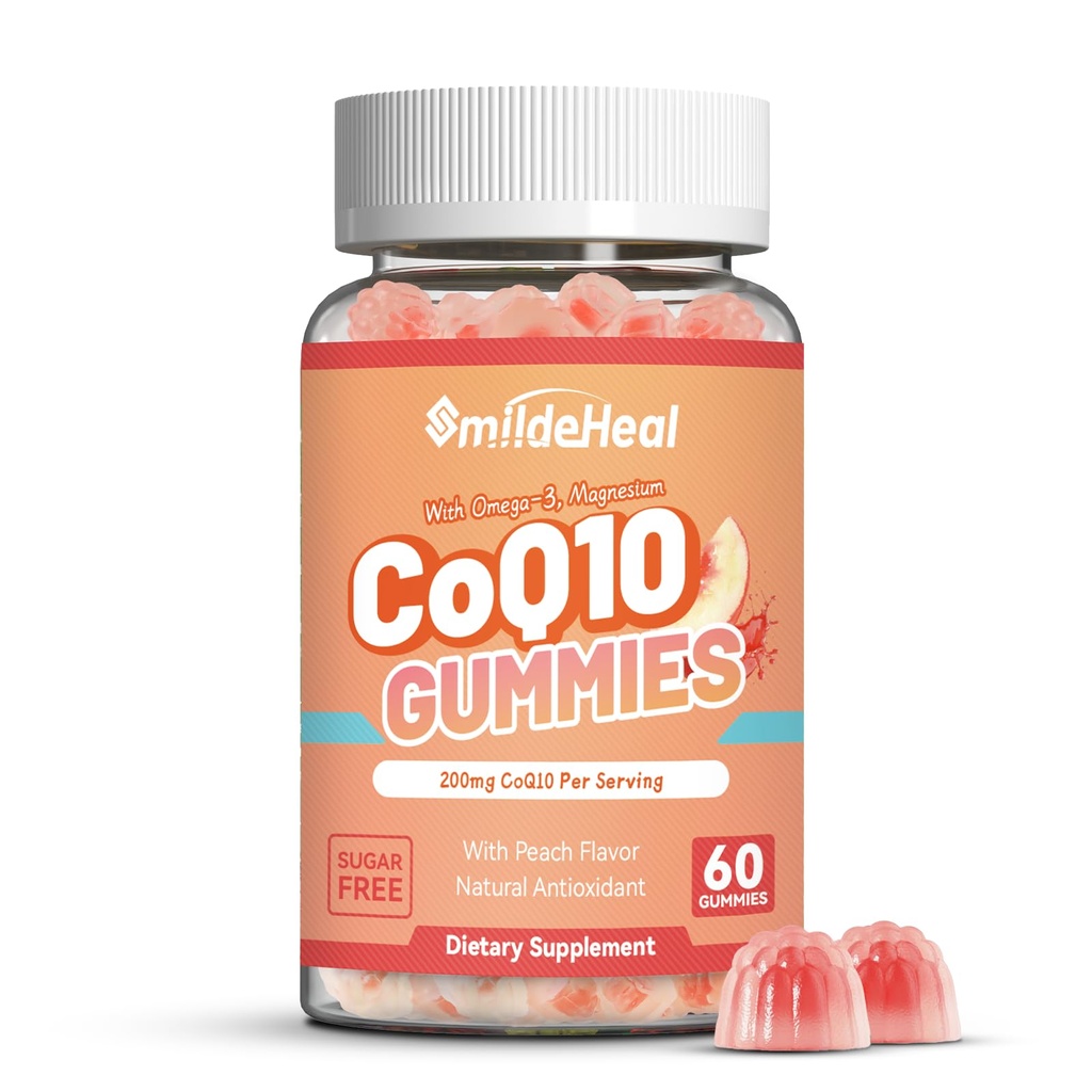 CoQ10 Gummies 200mg con Omega-3, EPA + DHA, & Magnesio - Coenzima Q10 Integratori per la salute del cuore, Energia cellulare & Antiossidante, Vegan - 60 Gummies