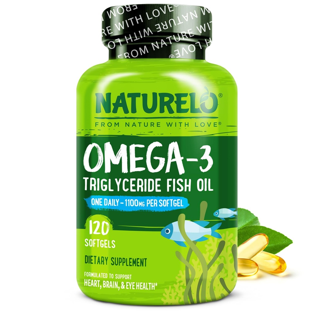NATURELO Burpless Omega 3 Fish Oil Supplement - 1100mg Triglyceride Omega-3, EPA + DHA, Olio di pesce liquido per il cuore, occhio, cervello, salute comune - 120 Softgels, 4 mesi di alimentazione