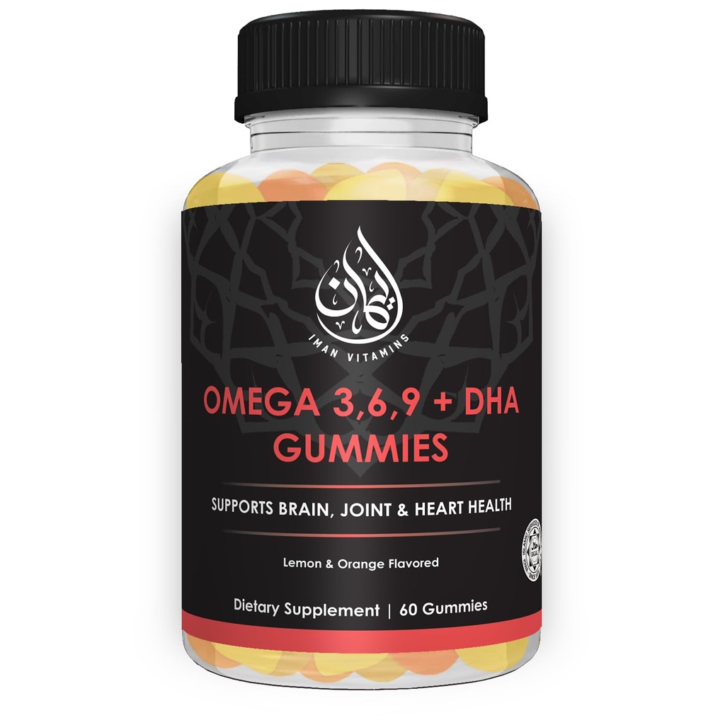 Halal Omega 3 6 9 + DHA Gummies per gli adulti | Supporta gli occhi, il cervello, Immune & Heart Health | Vegetariano & Gluten Free| Vitamina C, acidi grassi essenziali & pianta-Based | 60 Conte