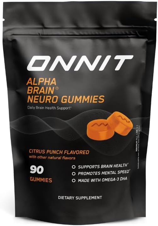 ONNIT Alpha cervello neuro Focus Gummies, IGEN non OGM testato Vegan Gummies con Omega-3 Lutein Zeaxanthin e caffeina, occhio del cervello e messa a fuoco supplemento per gli uomini e le donne, Citrus Punch, 90 Conte