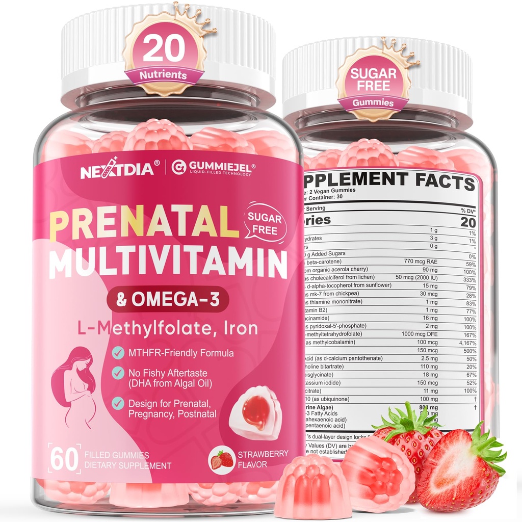 Vitamine Prenatali per Donne Gummie, Methylfolate 1mg, Vegan Omega 3 DHA 800mg, Ferro da stiro, Cholina, Iodio, Vitamina D3 B6 B12 - Multivitamina per le donne prima, durante e dopo la gravidanza, Zucchero libero, 60 Conte