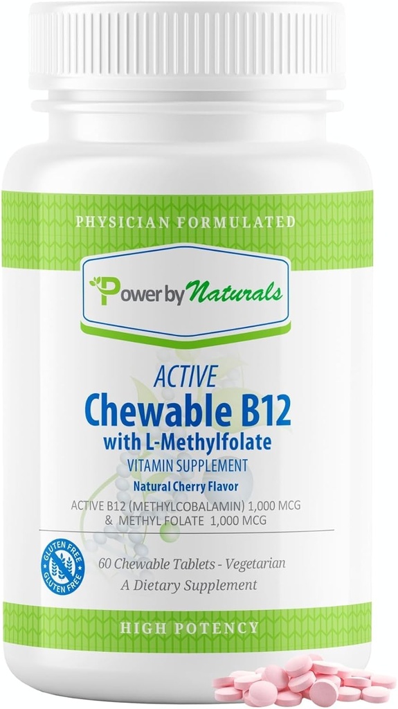 Power By Naturals Active Chewable Methylated B12 con L-Methyl Folate Supplemento per le donne e gli uomini, Cherry Flavor, 60 compresse