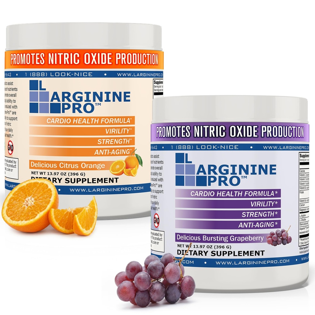 L-ARGININE PRO | 5.500mg L-Arginina Plus L-Citrullina 1,100mg Grape & Orange Powder Drink Mix Supplemento per la produzione di ossigeno nitrico