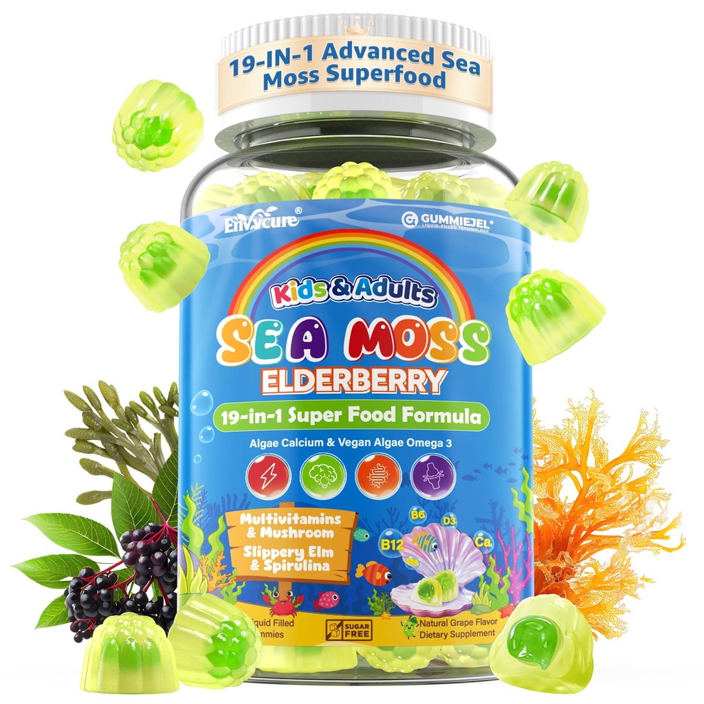 Sea Moss + Elderberry Gummies for Kids & Adults, 19-IN-1 Super Food con Spirulina, Algae Omega 3, Algae Calcium, Ashwagandha, Mushroom, Vitamine D3, C per Immune, Gut, Bone, Energia, Cervello,Vegan 60Cts