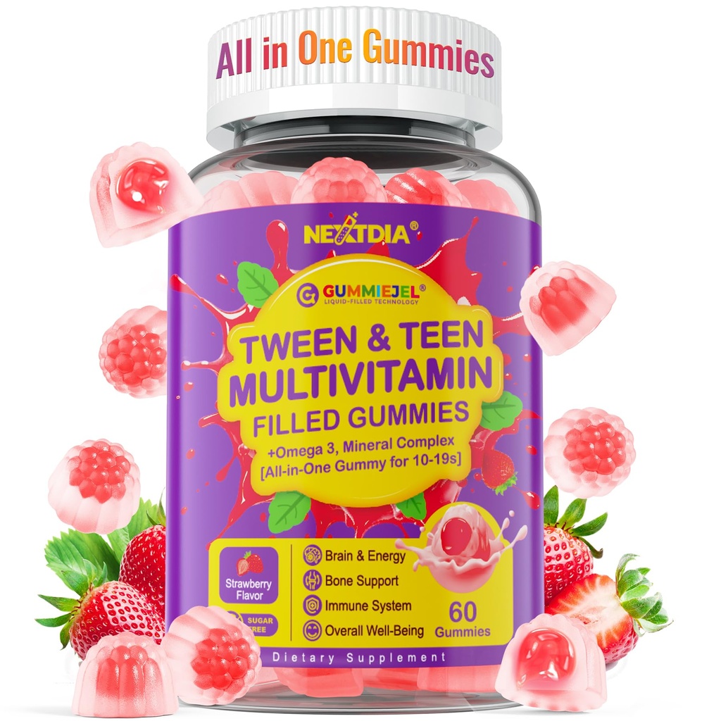 Nextdia Multivitamin Filled Gummies per ragazzi adolescenti Ragazze 12-17, 18, 19, bambini 10+ Multivitamina con Omega 3, Calcio + Magnesio + Zinco, Multi-Minerals per Adolescenza 10-19S Cervello, Bone, Energia, Immune