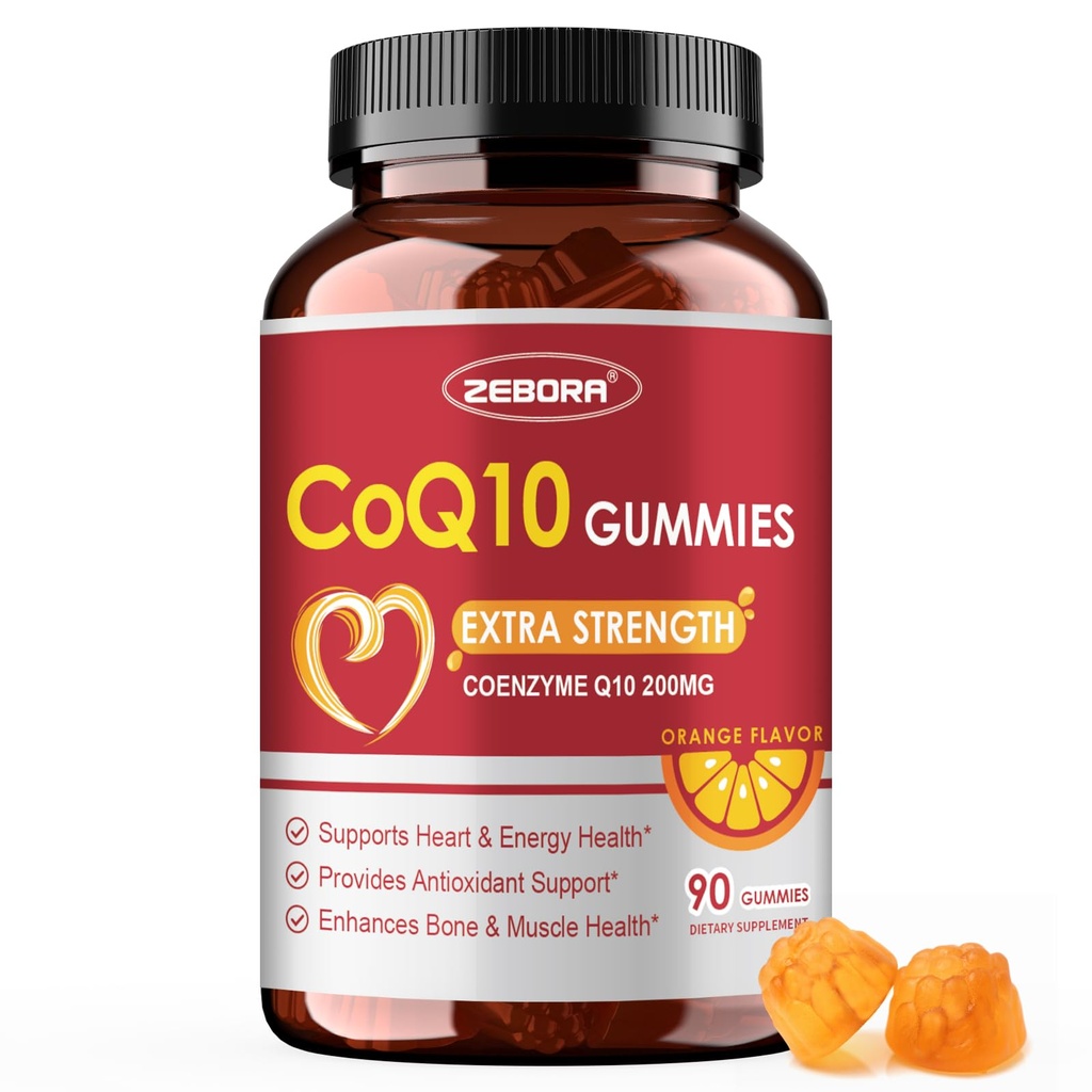 ZEBORA CoQ10 200mg Gummies, Coenzima Q10 ad alto assorbimento Integratori con Omega-3, Supporto per il cuore e l'energia, Antiossidante potente, Gummie arancio, 90 Gummies