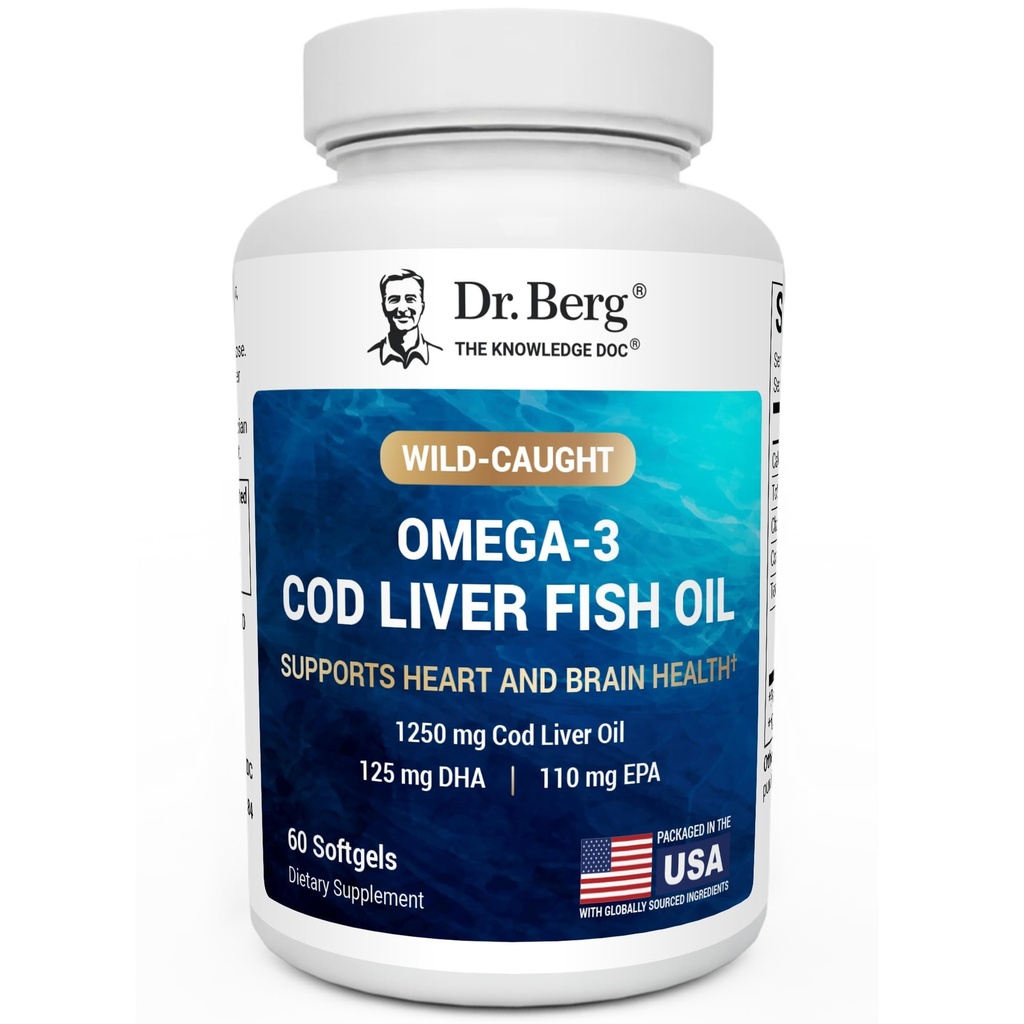 Dr. Berg Omega-3 Cod Liver Fish Oil 60 Softgels – Wild-Caught Islandic Cod – Omega 3 EPA & DHA – Cuore, Cervello, Immune & Eye Support* – Limone Flavor – 4X Lab-Tested – Non-GMO, Nessun Filler
