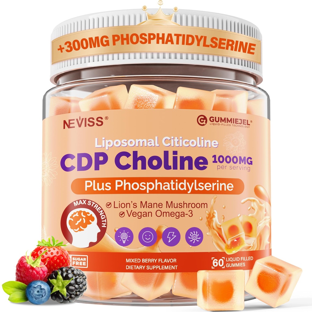 Citicolina 1000mg & Phosphatidylserine 300mg Integratori CDP Gummies Choline, Integratore del cervello per la memoria e messa a fuoco w / Lion's Mane Mushroom, Omega-3, Methylfolate, B6 & B12, Non-GMO, senza zucchero, 60ct
