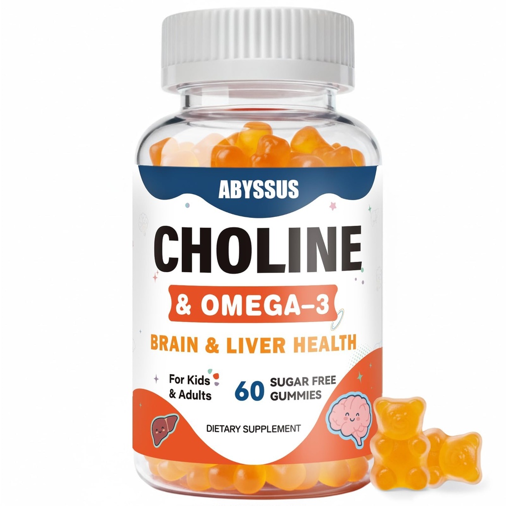 ABYSSUS Choline Gummies per bambini e adulti, Zucchero Free Choline Bitartrate Integratori con Algal Omega-3 DHA EPA & Active B6 B12, Brain & Liver Support, Vegan, 60 Count