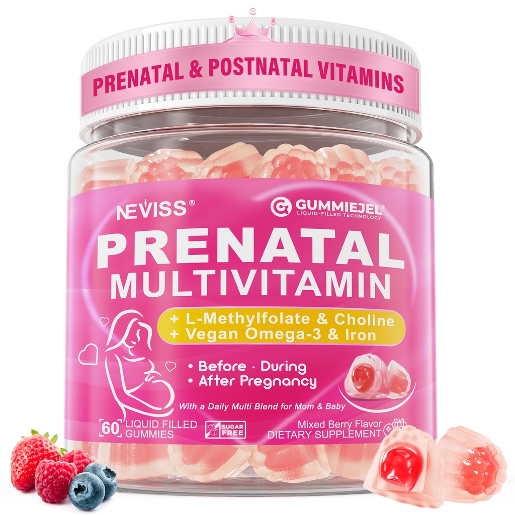 Vitamine prenatali per le donne Multivitamina Gummies w/metilfolato 1mg, Choline Omega-3(DHA+EPA) Ferro, Vitamine postnatali per l'allattamento al seno femminile | Prima,Durante e dopo la gravidanza,Sgar Free,Vegan,60Ct