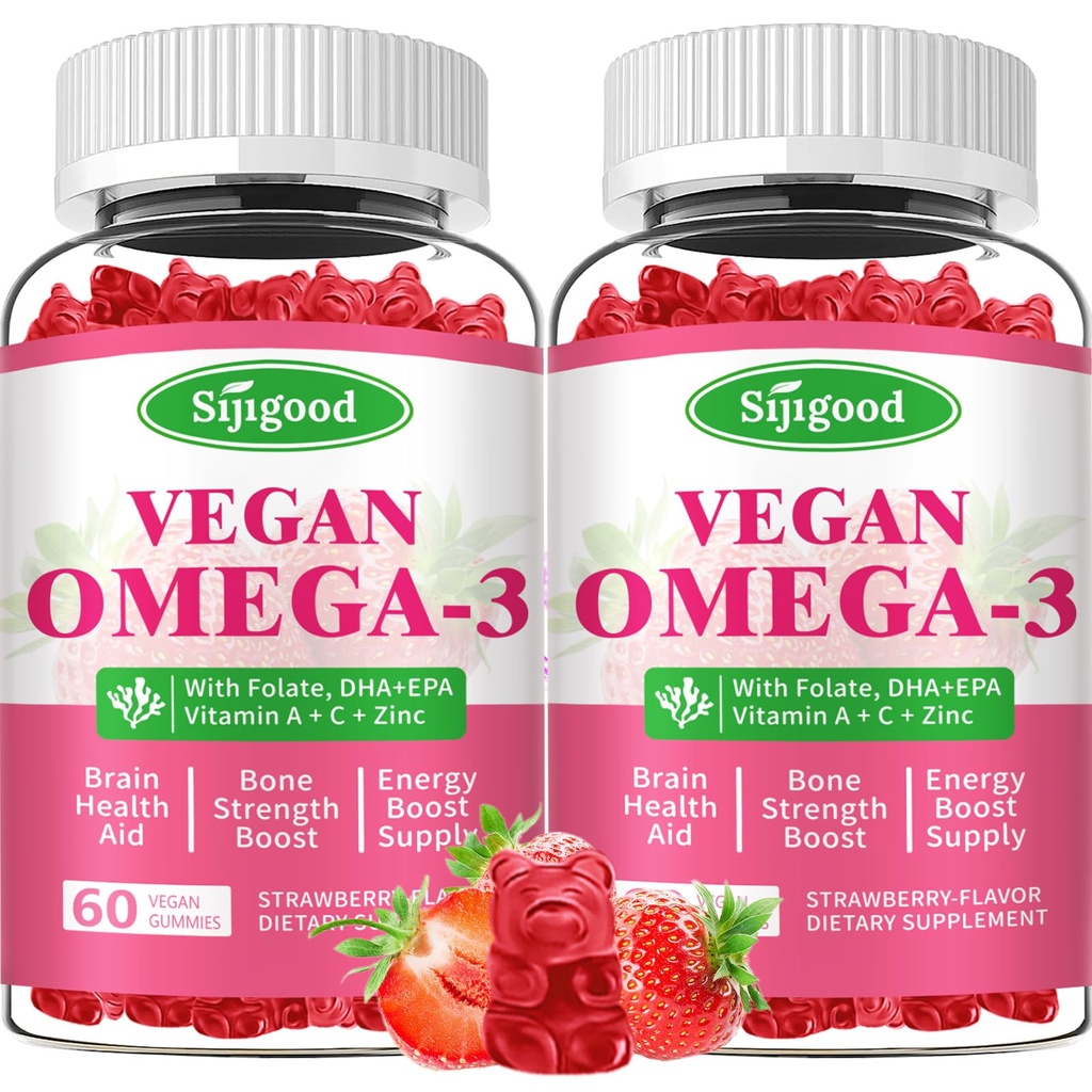 Omega-3 Gummies Potent Algae Omega Source, Boost cervello, occhio e funzione immunitaria, con DHA e EPA Vegan & Sugar Free, aroma di fragola, 120 conte