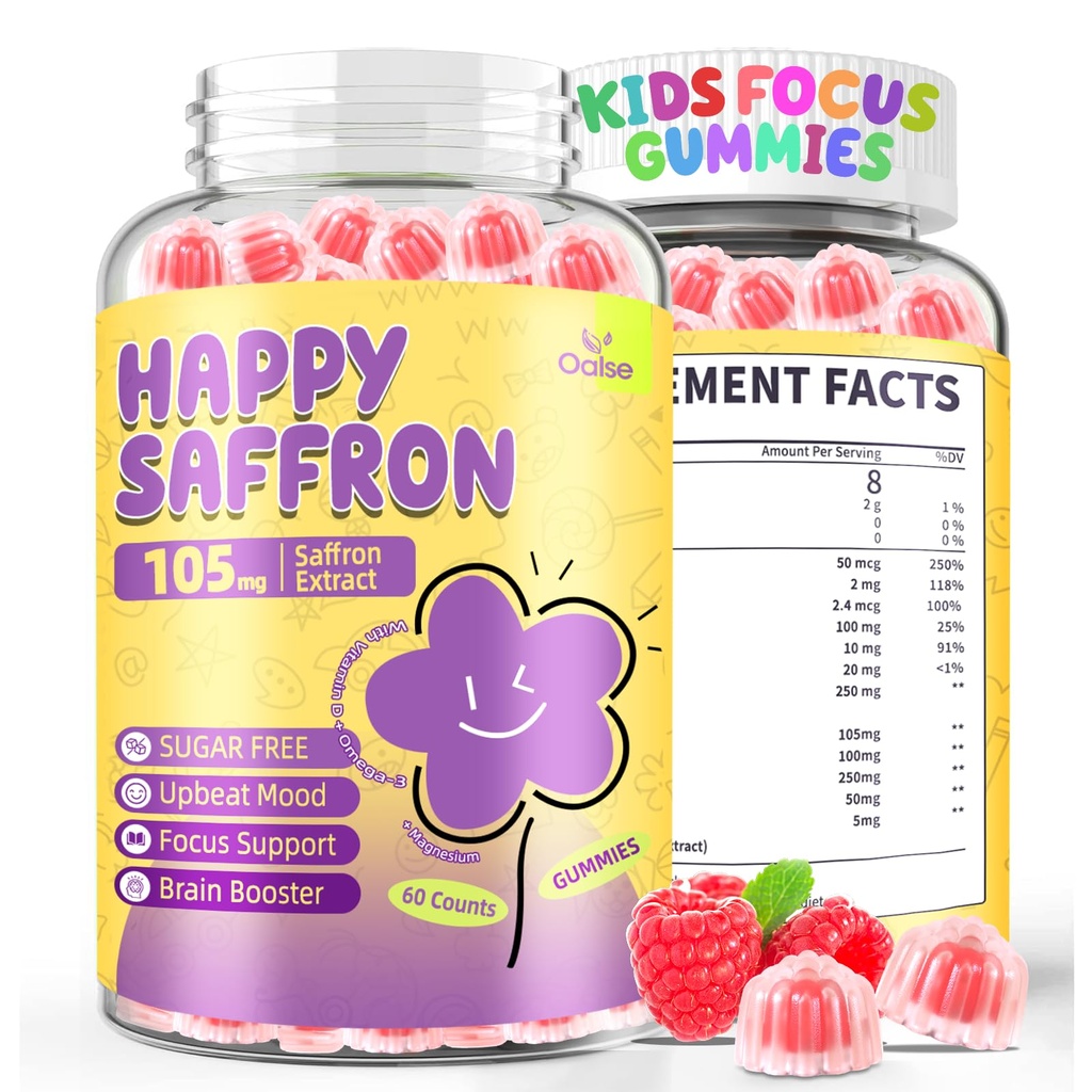 Zafferano Gummies per i bambini: Integratore di messa a fuoco per i bambini con estratto di zafferano & Omega-3 Potassium - Mood felice - Vegan, senza zucchero