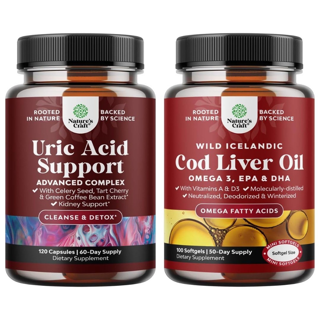 Bundle of Green Coffee Bean estrarre per Uric Acid Cleanse - Turmeric Tart Cherry & Celery Seed e Islandic Wild Caught Cod olio di fegato Softgels - Fish Omega 3 EPA DHA Vitamin D & A 1000mg Per Serving
