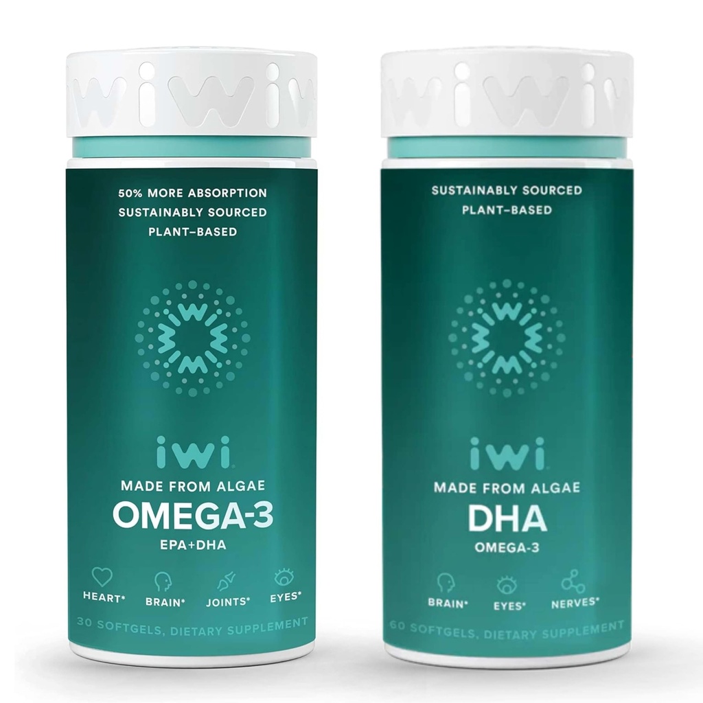 Iwi Omega-3 & DHA Omega-3 Bundle, 30 Serve, Vegan pianta-based Algae Omega 3, Krill & Fish Oil Alternative, No Fishy Aftertaste
