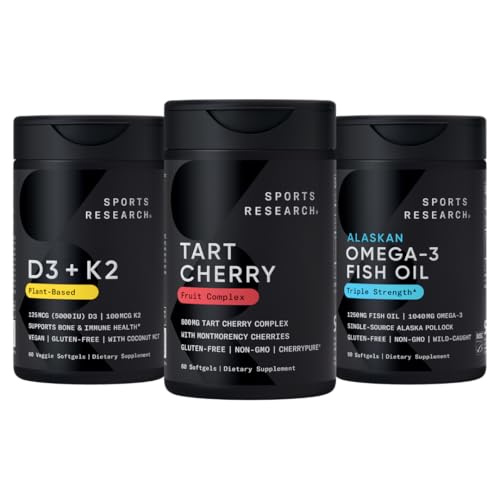 Sport Research® Multivitamin Pack w/CherryPure® Tart Cherry Fruit Complex 800mg, Vitamina D3 5000iu + K2 100mcg e Alaskan Omega-3 Fish Oil 1250mg - Non OGM · Senza zucchero · Senza glutine
