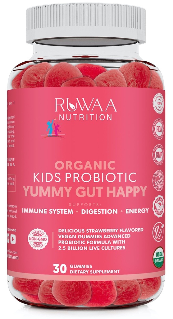 RUWAA NUTRITION Kids Organic Probiotic Gummies for Digestive Health, Immune Support, costipazione, Bloating. 2,5 miliardi di CFU, aroma di fragole, probiotici per bambini età 4+, 30ct (1)