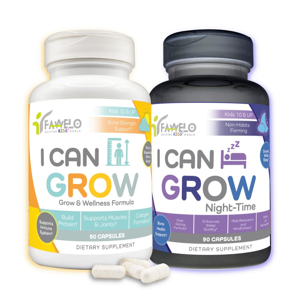 I Can Grow Day & Night Bundle for Kids 10+ & Teens | Supporto per la crescita con L-Arginina, Colostrum, Magnesio | Nourish Daily + Nighttime Sleep Aid for Maximum Height & Development | 2-Pack