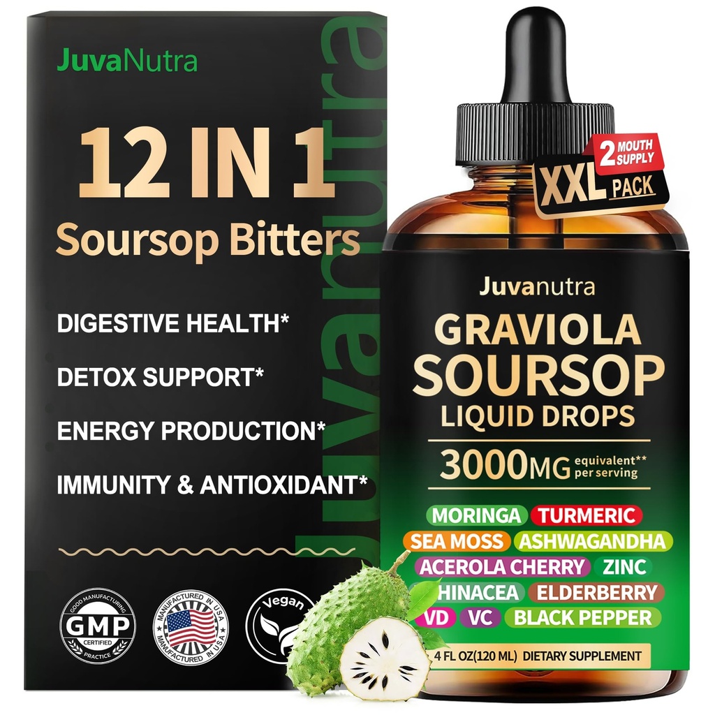 (4 Fl Oz) Soursop Bitters Liquid Drops 12 in 1 con Sea Moss, Moringa, Turmeric, Echinacea & Ashwagandha Extract - Tonico di erbe per il benessere digestivo & supporto immunitario