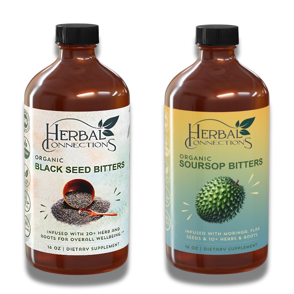 Connessioni erboristiche Organic Soursop & Black Seed Bitters Bundle - Natural Plant-Based Ingredients per Detox & Digestive Health Due bottiglie, 32 once (16 once ciascuno), 64 Servings