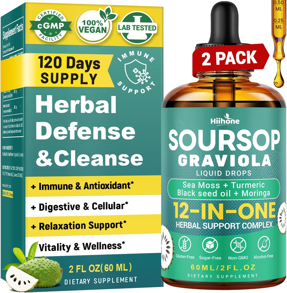 HIIHONE (2 Confezione) 12-in-1 Soursop Bitters Liquid Drops con Sea Moss, Black Seed Oil, Moringa per Cell Support & Regeneration, Immunity, Liver, Gut & Antioxidant - 2 Fl Oz