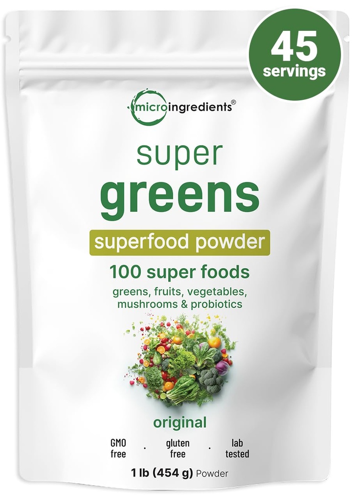 Micro Ingredienti Super Greens Powder, 1lb | 100 Superfood Blend con Verdi giornalieri, Frutta, Verdura, Funghi & Probiotici | Fonte di Proteine Vegane & Enzimi | Non OGM, Senza Glutine, Senza Additivi
