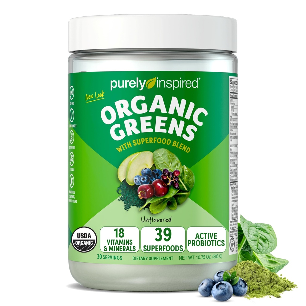 Miscela smoothie superfood in polvere di Greens organici puramente ispirata, senza aroma (30 Serve) - Super Verdi con Probiotici, Spirulina & Chlorella per la salute Gut & Digestive - Vegan