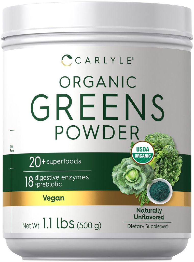 Carlyle Organic Greens Powder | 17.6 oz Supplemento | Allevia Gas occasionale, disagio & Bloating | con 20+ Superfoods, 18 Enzimi Digestivi e Prebiotici | Vegan, Non OGM e Gluten Free