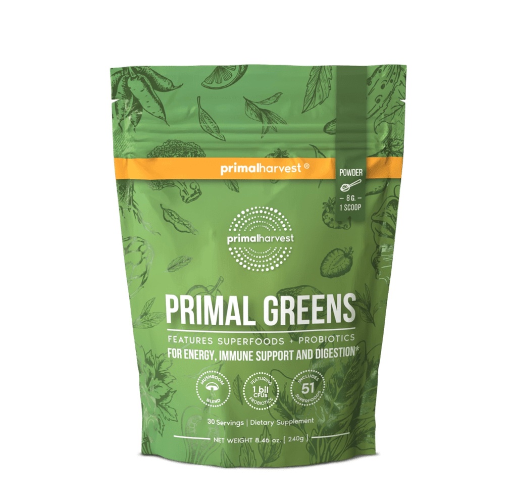 Polvere di Super Greens di Vendemmia Primale, 30 Serve w/+50 Greens Superfood Chlorella, Probiotici, Tè Verde, Wheatgrass, Kale, Turmeric per l'Energia, Verdi Primali
