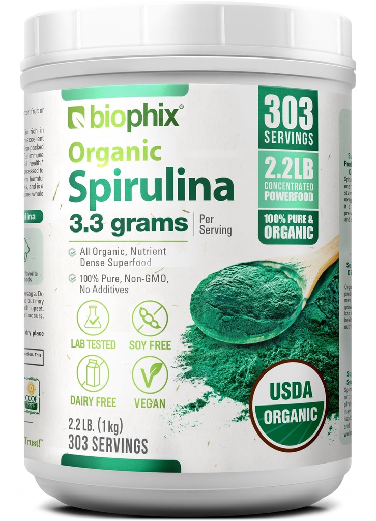 biophix Organic Spirulina Powder, 2.2 Lbs 100% Pure Spirulina Blu Algae Polvere, Vegan, Non OGM, Non Irradiated, Certificato USDA, Best Protein Superfood