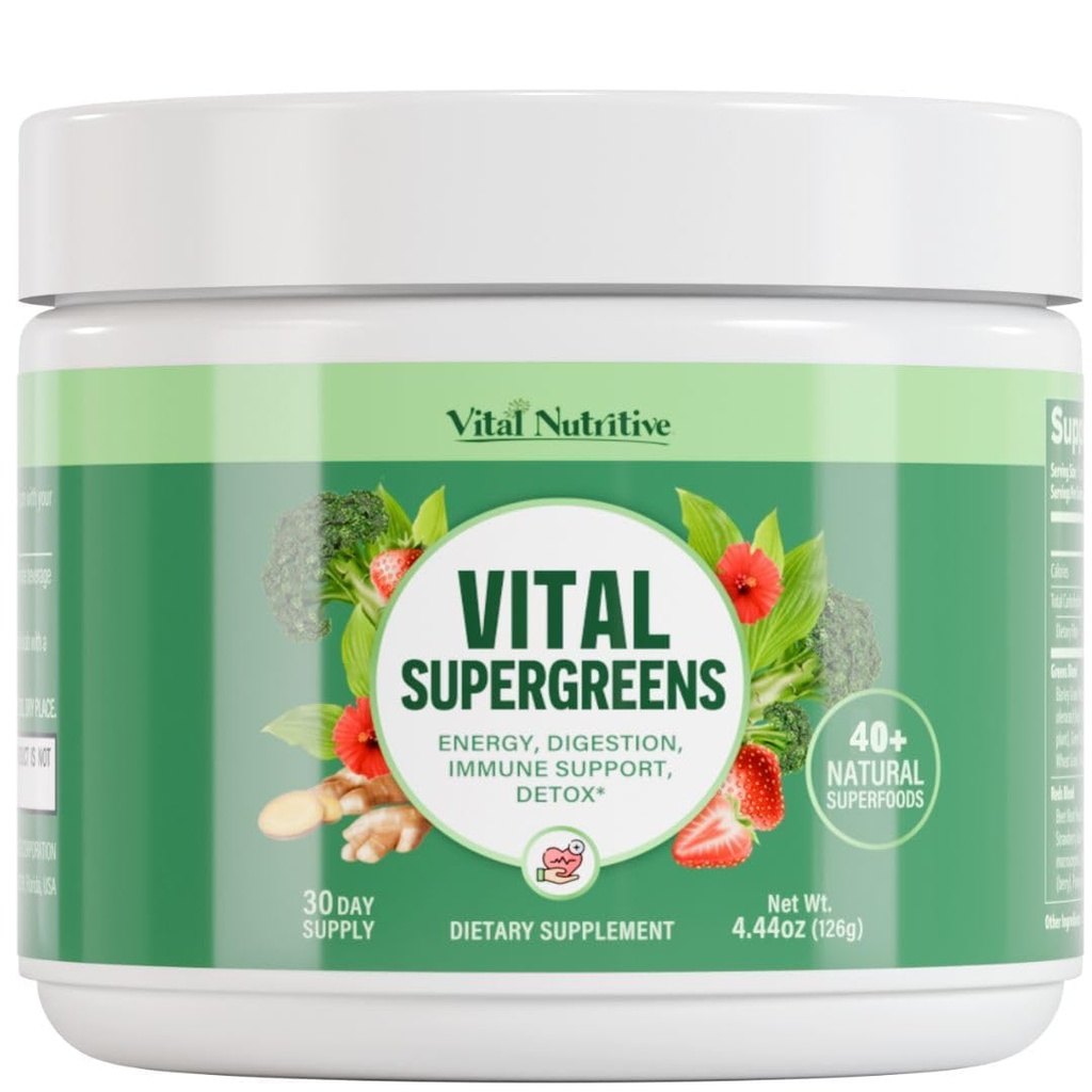 Vital Greens Superfood Powder – Nuova formula con 40+ Superfoods Daily Green Drink Powder w/Probiotics – Supergreens for Energy, Gut Health, Digestion Support, Plant-Based, Vegan Superfoods