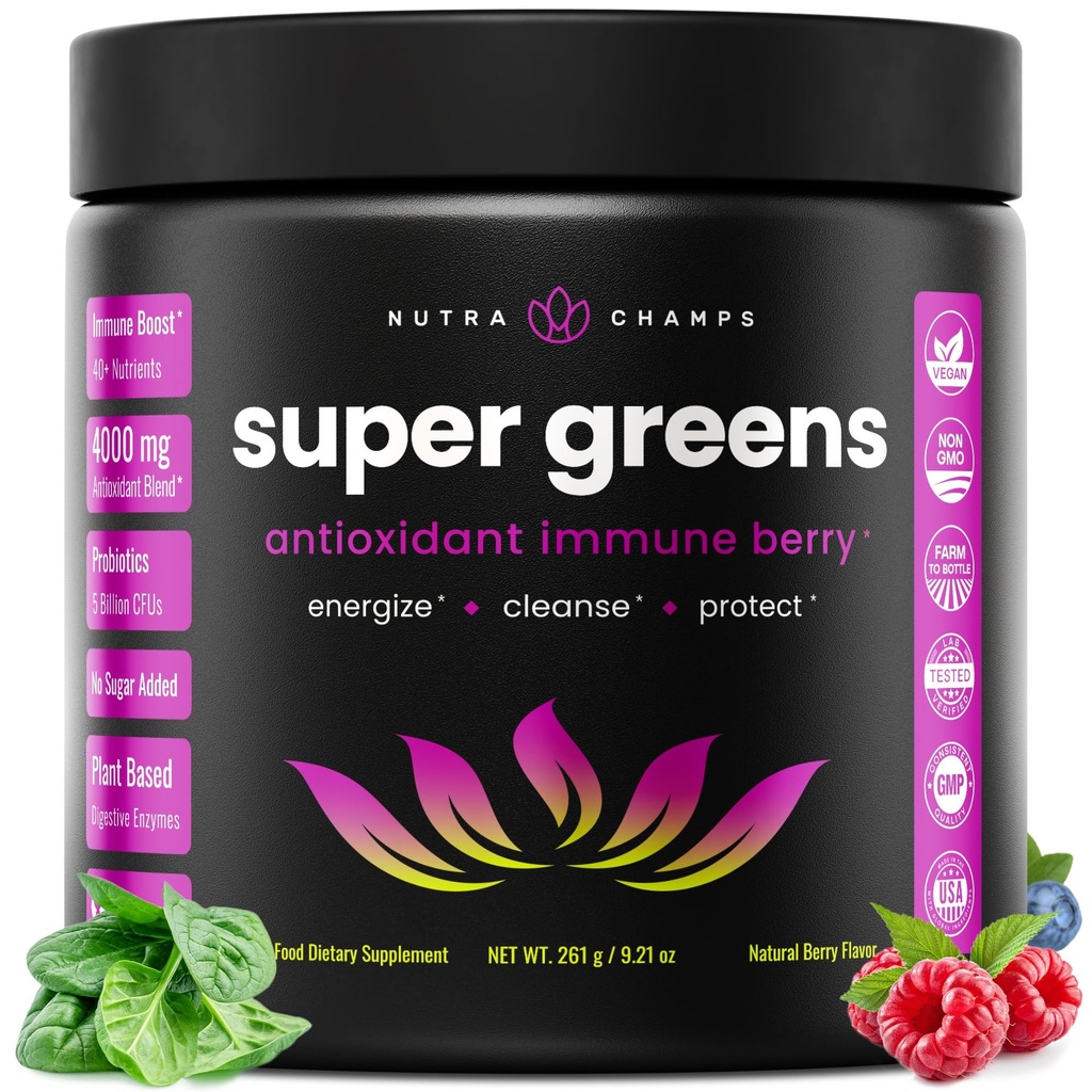 NutraChamps Super Greens Powder Premium Superfood | 20+ Organic Green Veggie Whole Foods | Wheat Grass, Spirulina, Chlorella | Antiossidante, enzima digestivo & Probiotic Blends (9.1 OZ, Antiossidante)