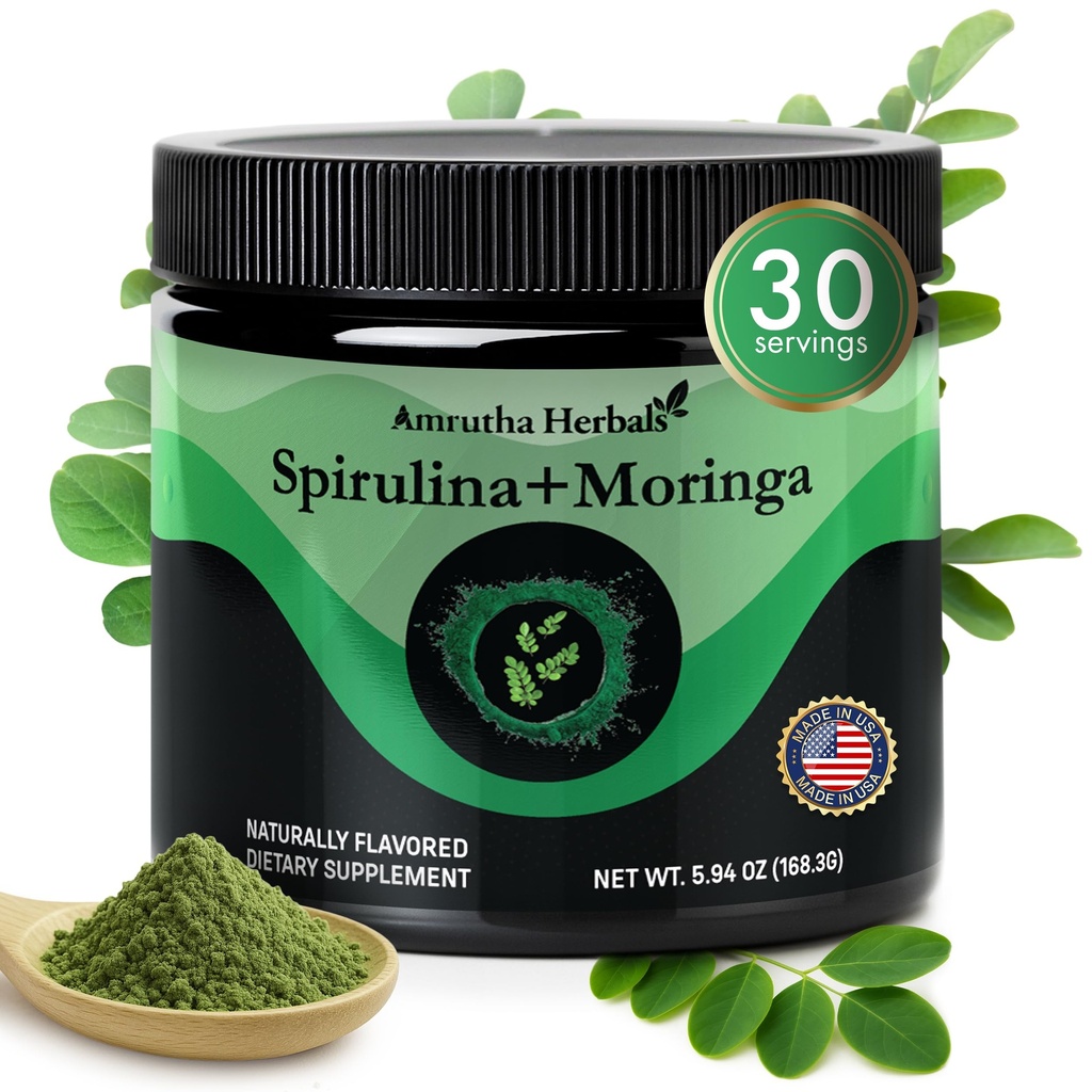 Spirulina Organica + Polvere verde di Moringa organica, senza glutine, vegano amichevole, disintossicante & digerente, Superfoods 30 Servings Made in USA