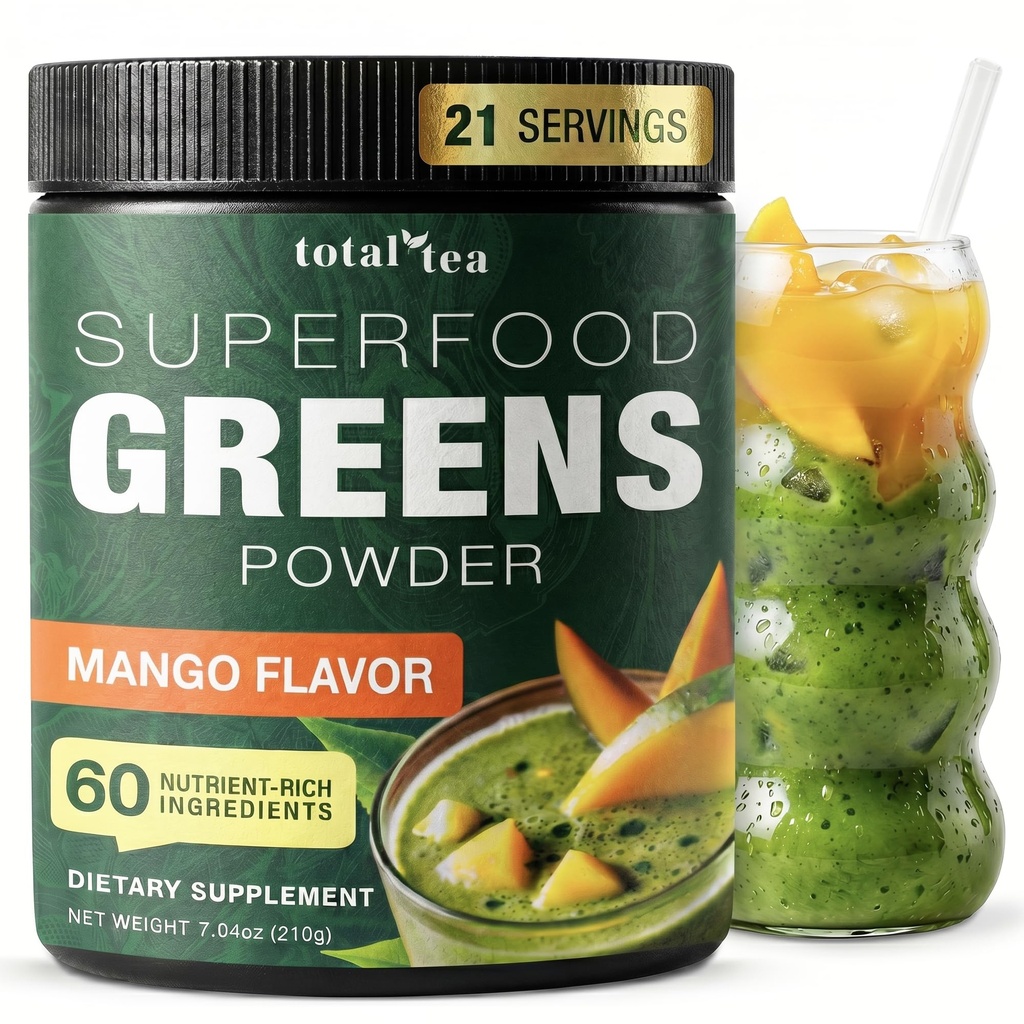Totale tè Super Greens Polvere Supplemento, Verdi, Frutta, Verdura, Vegan Bere con Spirulina, Clorella e Vitamine 25 Serve - Mango