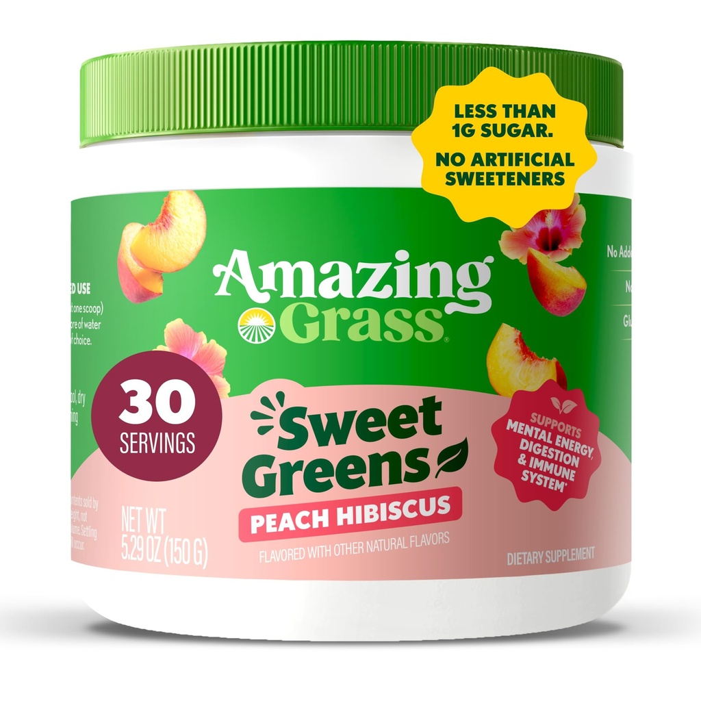 Stupefacente erba Sweet Greens e Superfoods polvere per la salute digestiva, Greens polvere, enzimi digestivi, probiotici, Spirulina, clorella, Peach Hibiscus, 30 Servings