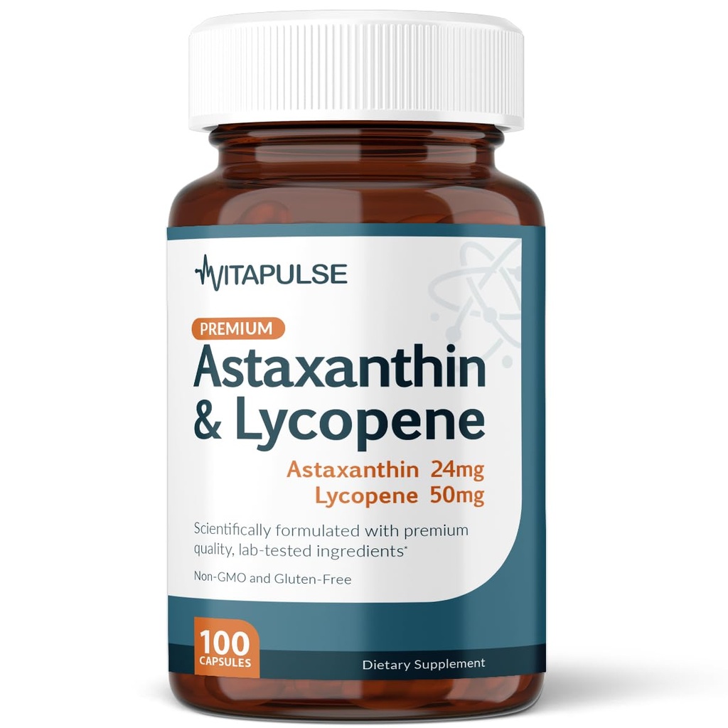 Astaxantina 24mg con Lycopene 50mg supplemento, 100 capsule vegetariane, Non OGM, Gluten Free