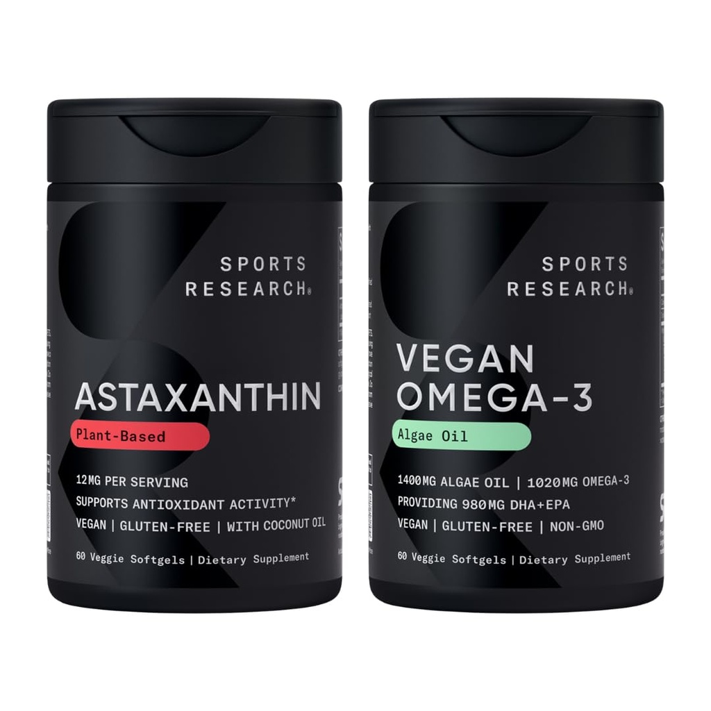 Pacchetto di supporto antiossidante vegano per la ricerca sportiva® - Olio di alghe Omega-3 e Morbidi di astaxantina a base vegetale per l'attività antiossidante, salute della pelle e degli occhi (60 Softgel Veggie ciascuno)