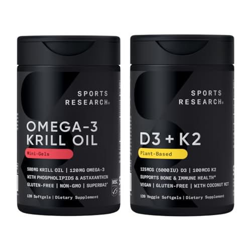 Sport Research® Multivitamin Pack - Omega-3 Krill olio 500mg w/Choline, Phospholipids & Astaxanthin e vitamina K2 & Vegan D3 5000iu con Coconut MCT olio - Non OGM · Gluten Free