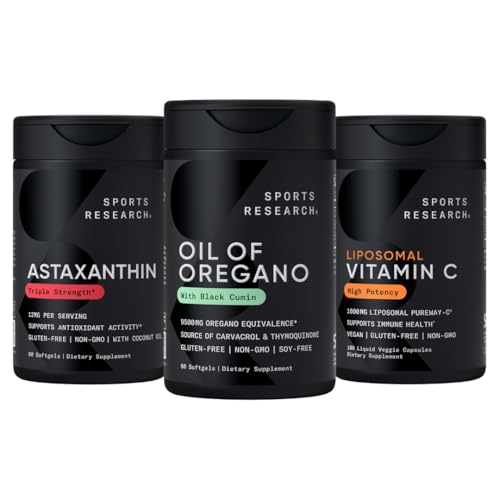 Pacchetto di supporto antiossidante Sport Research® - Olio di Oregano 9500mg + Astaxantina a tripla resistenza 12mg + vitamina C Liposomal Supplemento 1000 mg